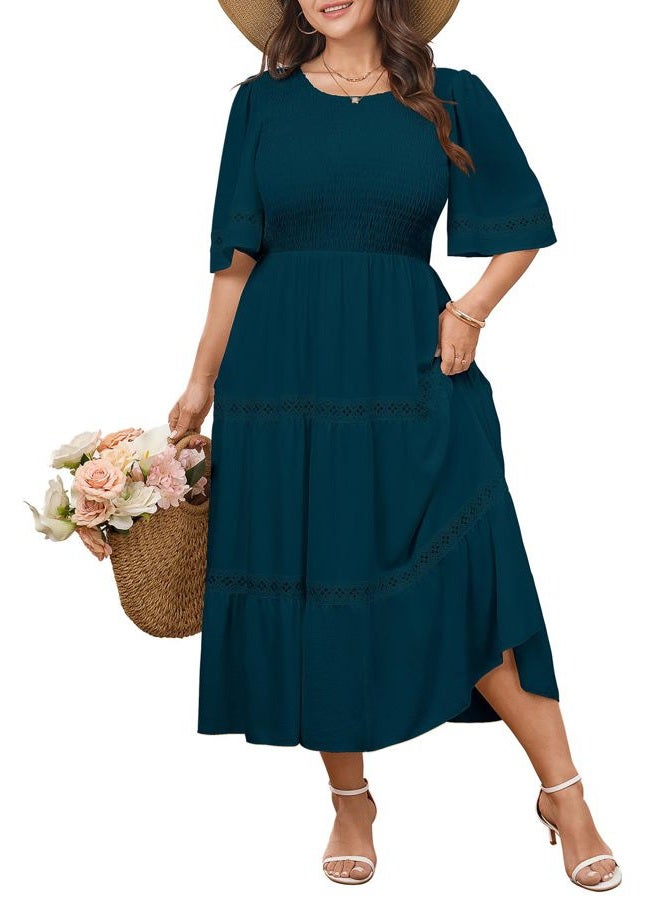 SCOMCHIC Women's Plus Size Maxi Dress Casual Crewneck Smocked Boho Elegant Hollow Out Summer Wedding Guest Dresses, Lake Blue, XL Plus - Image 1
