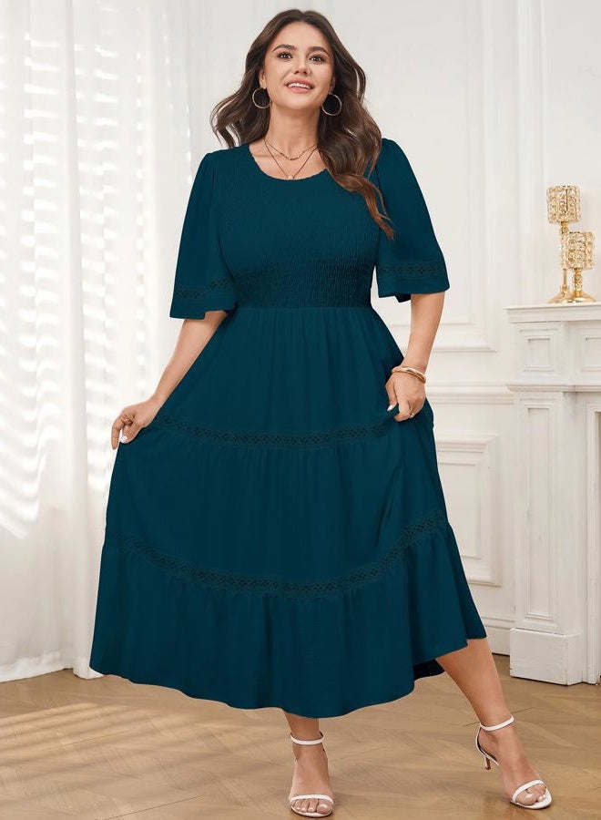SCOMCHIC Women's Plus Size Maxi Dress Casual Crewneck Smocked Boho Elegant Hollow Out Summer Wedding Guest Dresses, Lake Blue, XL Plus - Image 2