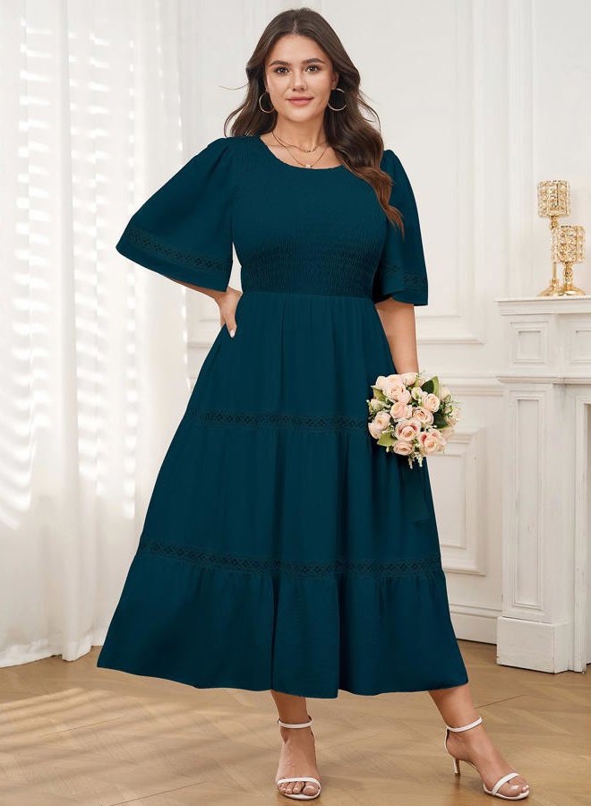 SCOMCHIC Women's Plus Size Maxi Dress Casual Crewneck Smocked Boho Elegant Hollow Out Summer Wedding Guest Dresses, Lake Blue, XL Plus - Image 3