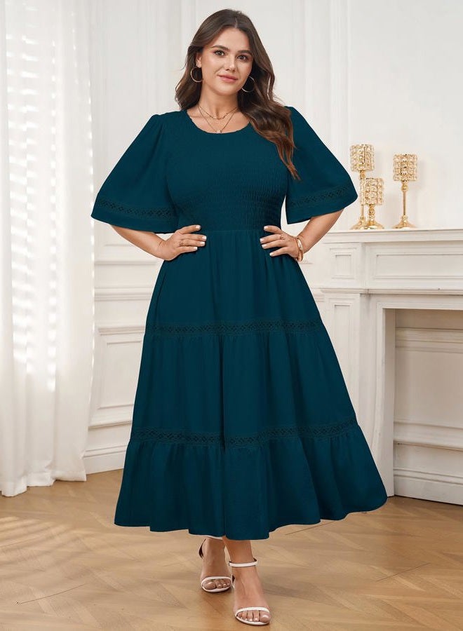 SCOMCHIC Women's Plus Size Maxi Dress Casual Crewneck Smocked Boho Elegant Hollow Out Summer Wedding Guest Dresses, Lake Blue, XL Plus - Image 5