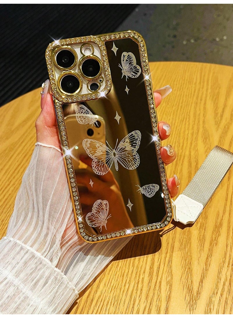 شي إن جراب هاتف ذهبي فاخر مزين بفراشات كريستالية مزود بحزام يد مريح ومتين حماية قوية ضد الصدمات والخدوش متوافق مع أيفون ١٣ بروماكس - Image 1