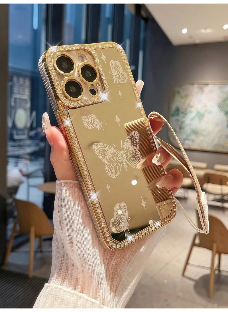 شي إن جراب هاتف ذهبي فاخر مزين بفراشات كريستالية مزود بحزام يد مريح ومتين حماية قوية ضد الصدمات والخدوش متوافق مع أيفون ١٣ بروماكس - Image 2