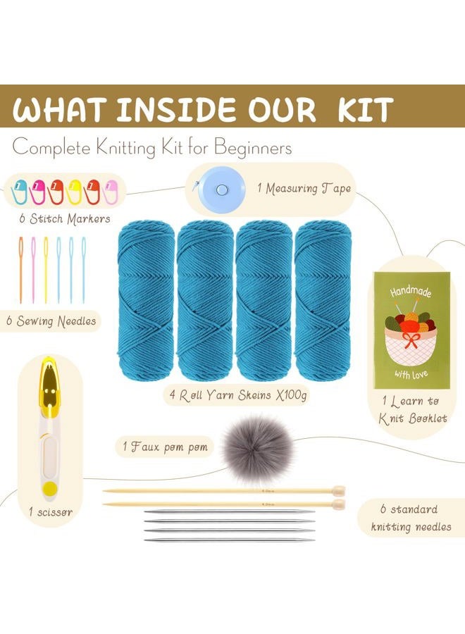 Maasechs Knitting Kit for Beginners Adults Learn to Knit Hat Scarf Glove Complete Knitting Starter Kit with Yarn, Needles, Faux Pom Pom and Step by Step Instruction for Women and Men - Image 2