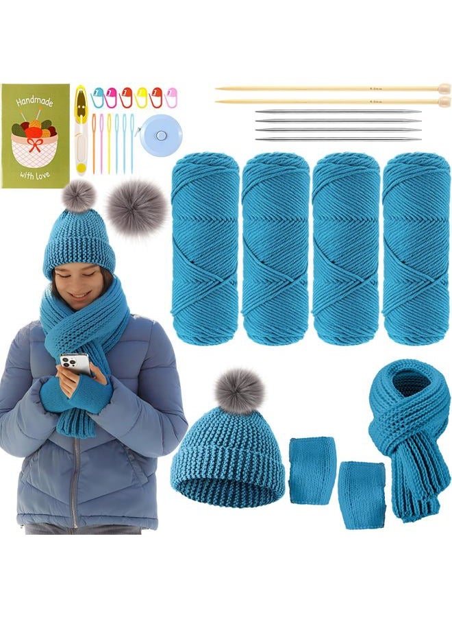Maasechs Knitting Kit for Beginners Adults Learn to Knit Hat Scarf Glove Complete Knitting Starter Kit with Yarn, Needles, Faux Pom Pom and Step by Step Instruction for Women and Men - Image 1