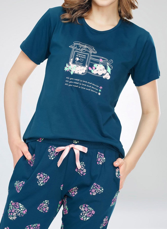 Zeyo Round Neck Short Sleeves Printed Pure Cotton Night Suit - Image 2