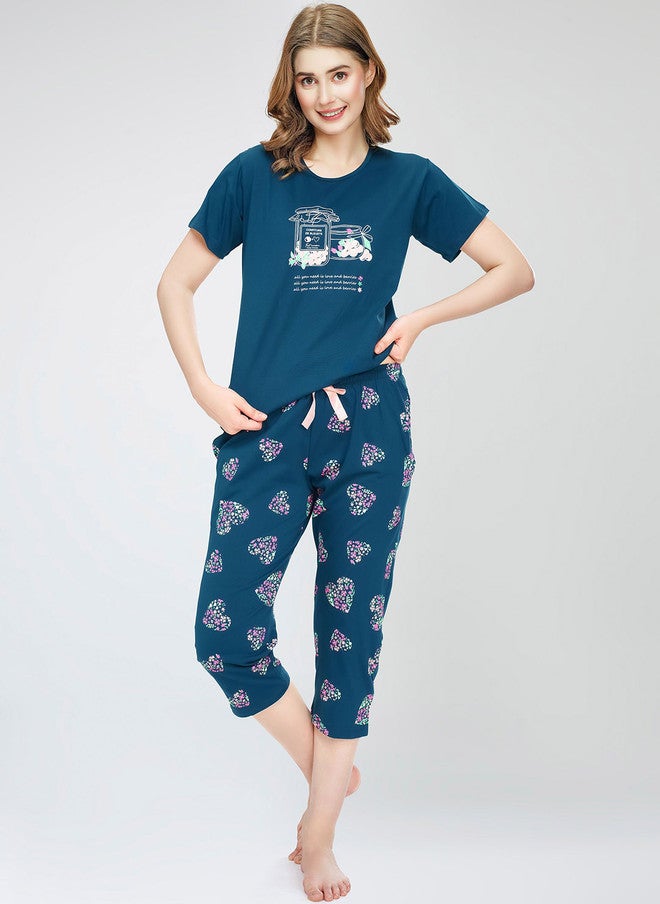 Zeyo Round Neck Short Sleeves Printed Pure Cotton Night Suit - Image 5