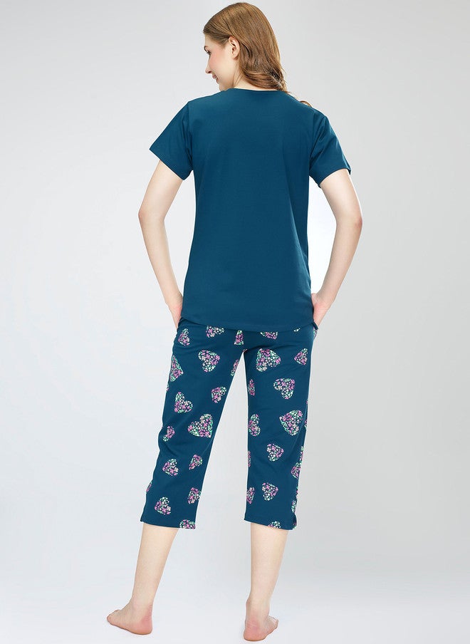 Zeyo Round Neck Short Sleeves Printed Pure Cotton Night Suit - Image 4