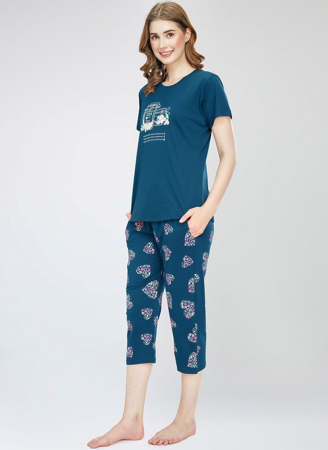 Zeyo Round Neck Short Sleeves Printed Pure Cotton Night Suit - Image 3