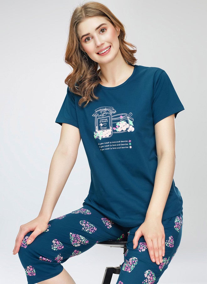 Zeyo Round Neck Short Sleeves Printed Pure Cotton Night Suit - Image 1