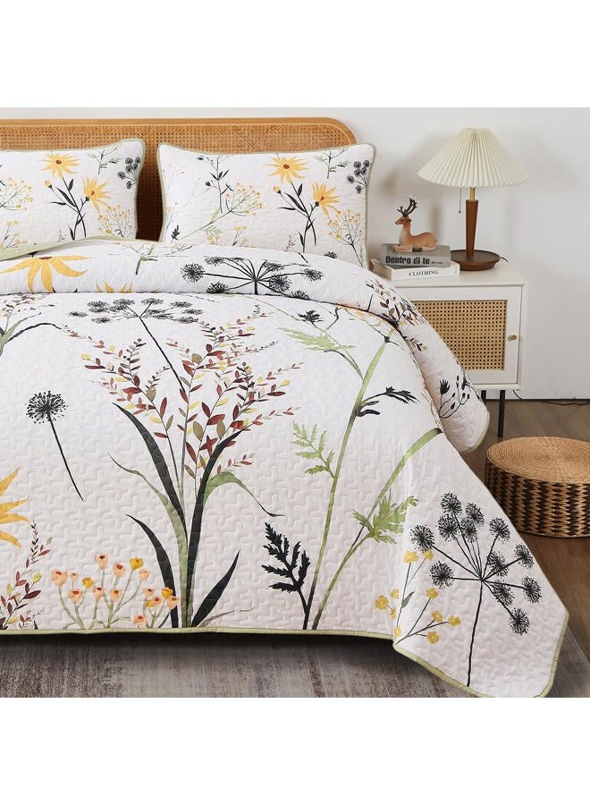 Dobuyly Sage Green Floral Quilt Set King Size, Yellow White Botanical Flower Quilt 3 Pieces Spring Bedspread Coverlet Set, Soft Lightweight Microfiber Bedding Set for All Season, 104"x90" - Image 4