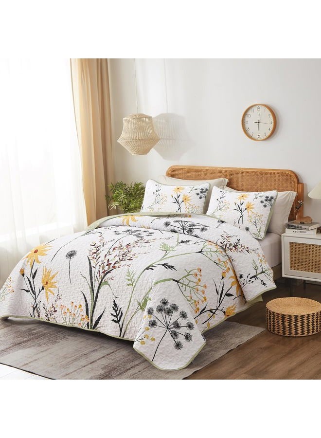 Dobuyly Sage Green Floral Quilt Set King Size, Yellow White Botanical Flower Quilt 3 Pieces Spring Bedspread Coverlet Set, Soft Lightweight Microfiber Bedding Set for All Season, 104"x90" - Image 2