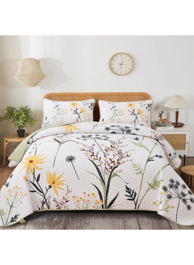 Dobuyly Sage Green Floral Quilt Set King Size, Yellow White Botanical Flower Quilt 3 Pieces Spring Bedspread Coverlet Set, Soft Lightweight Microfiber Bedding Set for All Season, 104"x90" - Image 1