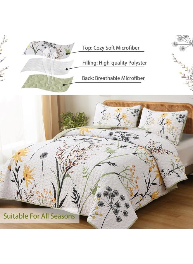Dobuyly Sage Green Floral Quilt Set King Size, Yellow White Botanical Flower Quilt 3 Pieces Spring Bedspread Coverlet Set, Soft Lightweight Microfiber Bedding Set for All Season, 104"x90" - Image 5