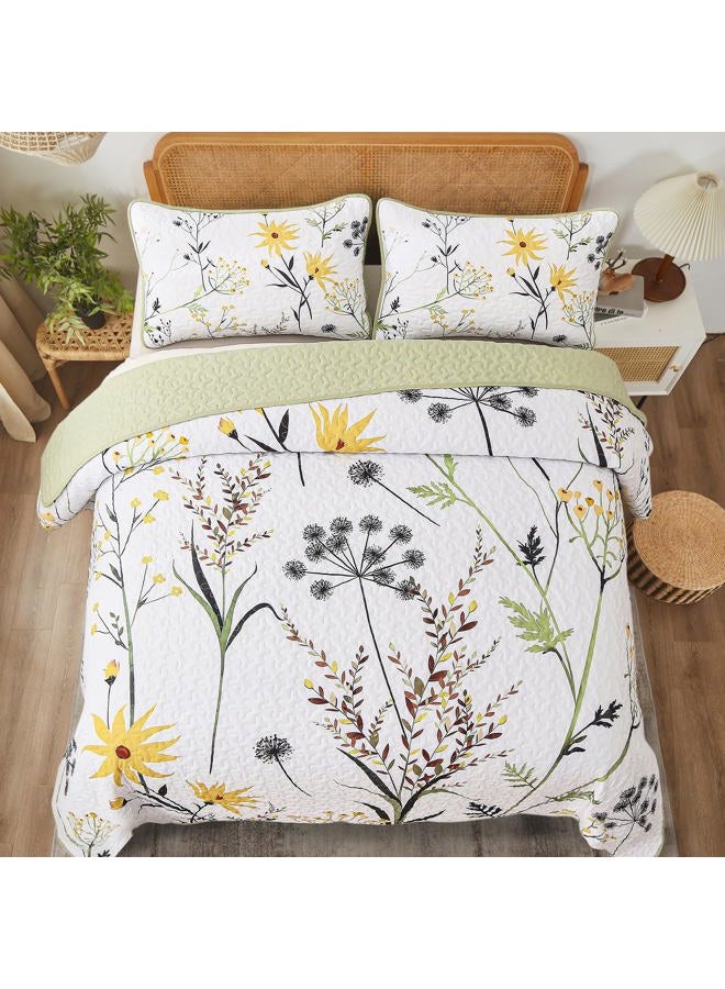 Dobuyly Sage Green Floral Quilt Set King Size, Yellow White Botanical Flower Quilt 3 Pieces Spring Bedspread Coverlet Set, Soft Lightweight Microfiber Bedding Set for All Season, 104"x90" - Image 3