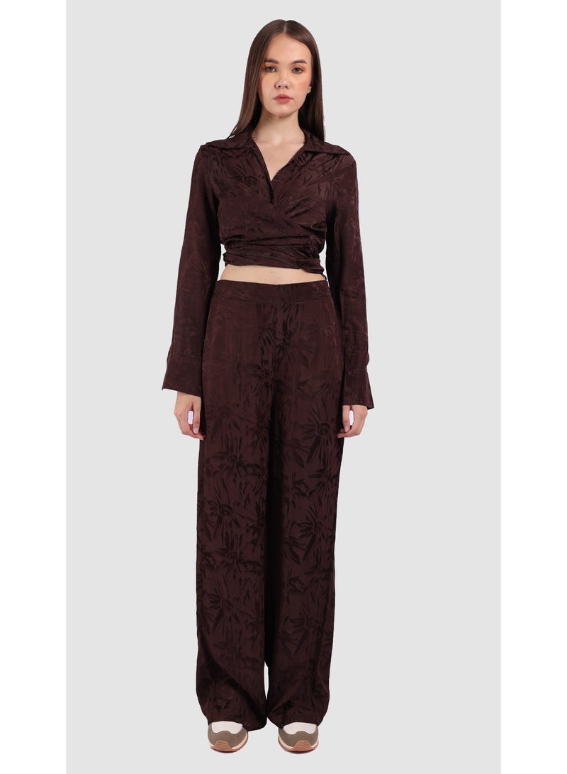 KYVELi Women’s Two-Piece Printed Set – Wrap-Style Long Sleeve Top & Wide-Leg Pants – Brown - Image 2