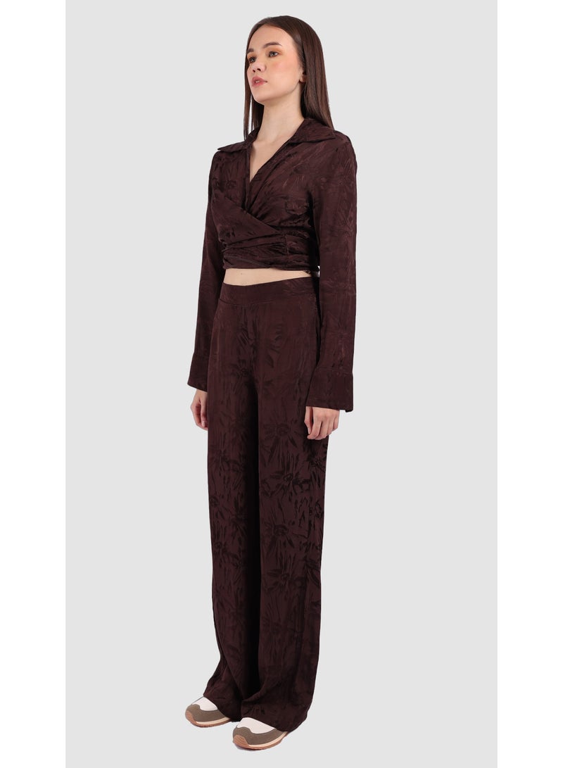 KYVELi Women’s Two-Piece Printed Set – Wrap-Style Long Sleeve Top & Wide-Leg Pants – Brown - Image 5