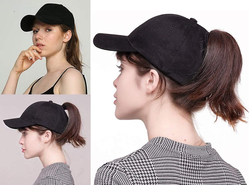Pogah High Ponytail Baseball Hat - Women Messy Bun Hat, Sun Protection Ponycaps Retro Cap Black - Image 2