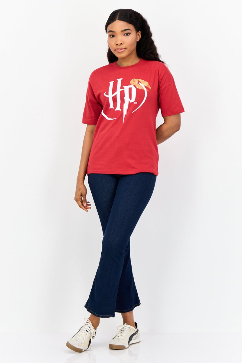 Harry Potter Women Crew Neck Short Sleeve Brand Logo T-Shirt, Red - Image 3
