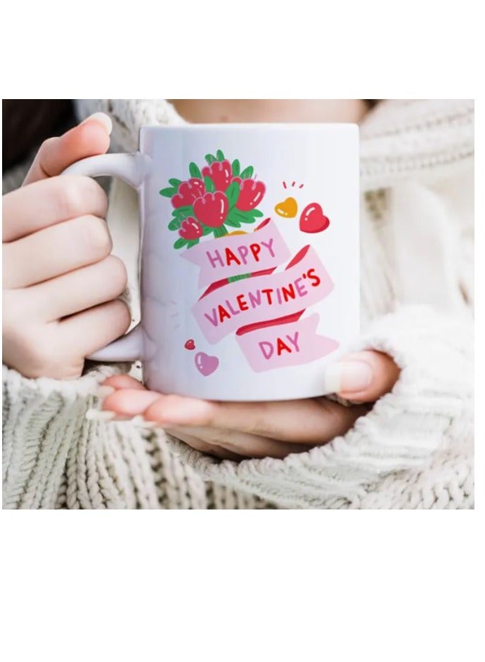 راين كوب RYN® "Happy Valentine's Day" من السيراميك بتصميم زهور وقلب احتفالي - كوب قهوة معزول للاستخدام المنزلي، مثالي للهدايا الرومانسية، يتضمن تغليف صندوق الهدايا، كوب قهوة أبيض - Image 1