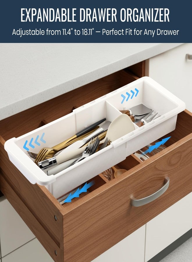 Enhon Expandable Drawer Organizer Tray with Adjustable Dividers, Sliding Kitchen Storage Drawer Divider for Utensils, Silverware, White - Image 2