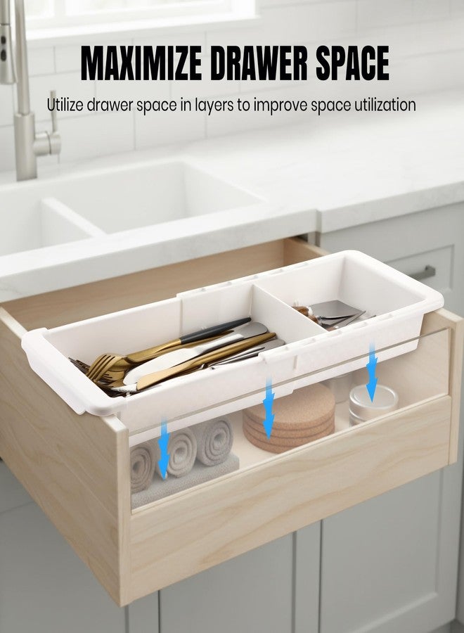 Enhon Expandable Drawer Organizer Tray with Adjustable Dividers, Sliding Kitchen Storage Drawer Divider for Utensils, Silverware, White - Image 5