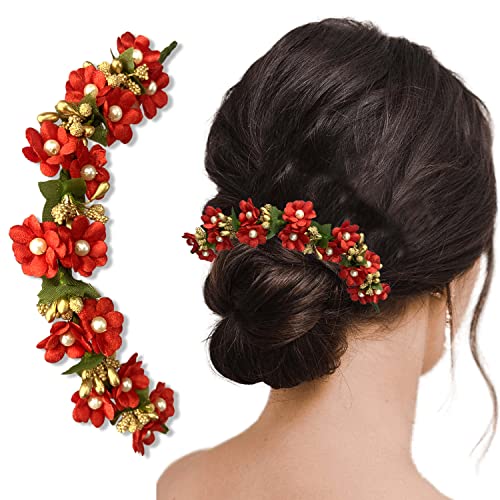 Temperia Hair Accessories For Women's & Girls -Stylish Red Rose Artificial Flowers Bun Juda Bridal Brooch & Braid For Hairstyle & Decoration - Pins & Clips For Style Of Bride, Wedding & Party (Mn106) - Image 1