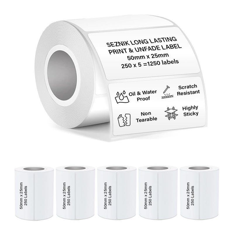 SEZNIK Waterproof, Non-Tearable, Sticky Thermal Lables, Label Roll, 2 inch Adhesive Thermal Labels for Label Printers (50mmx25mm - 1250 Lables), 1250 Labels - Image 1