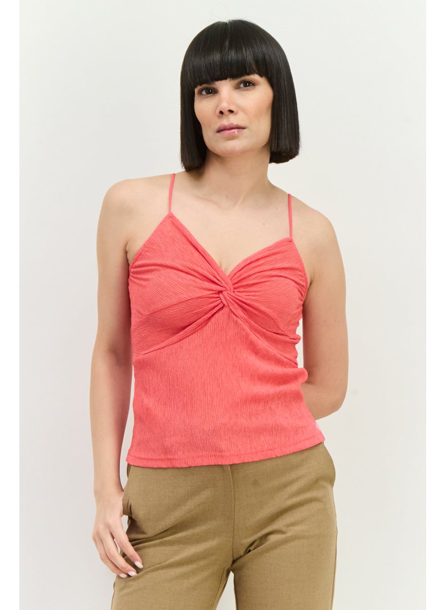MANGO Women V-Neck Sleeveless Textured Top, Pink  - Image 1