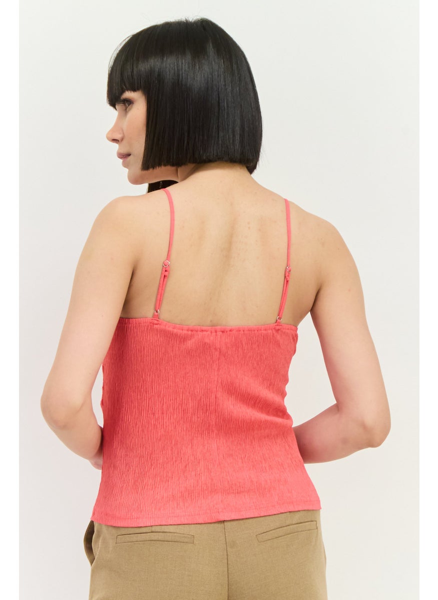 MANGO Women V-Neck Sleeveless Textured Top, Pink  - Image 3