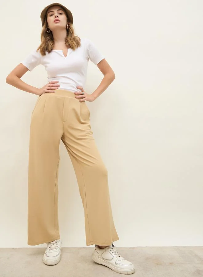 Styli Mid Rise Wide Leg Pants with Elasticated Waistband