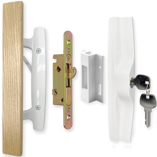 ALLYWASAI Patio Sliding Patio Door Handle Set with Mortise Lock, Key Cylinder and Keeper, Wood Handle Lock Set Fits Door Thickness from 1-1/2" to 1-3/4", 3-15/16" Screw Hole Spacing, Keyed, White - Image 1