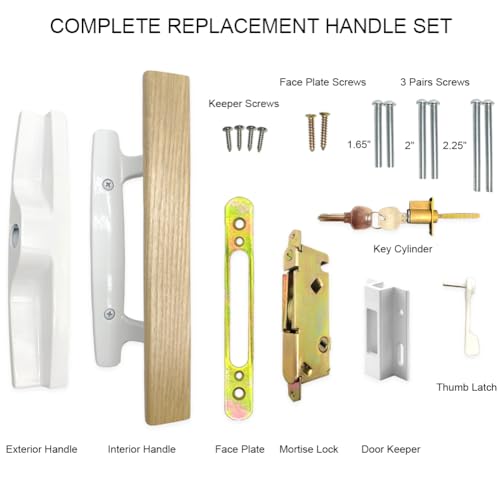 ALLYWASAI Patio Sliding Patio Door Handle Set with Mortise Lock, Key Cylinder and Keeper, Wood Handle Lock Set Fits Door Thickness from 1-1/2" to 1-3/4", 3-15/16" Screw Hole Spacing, Keyed, White - Image 2