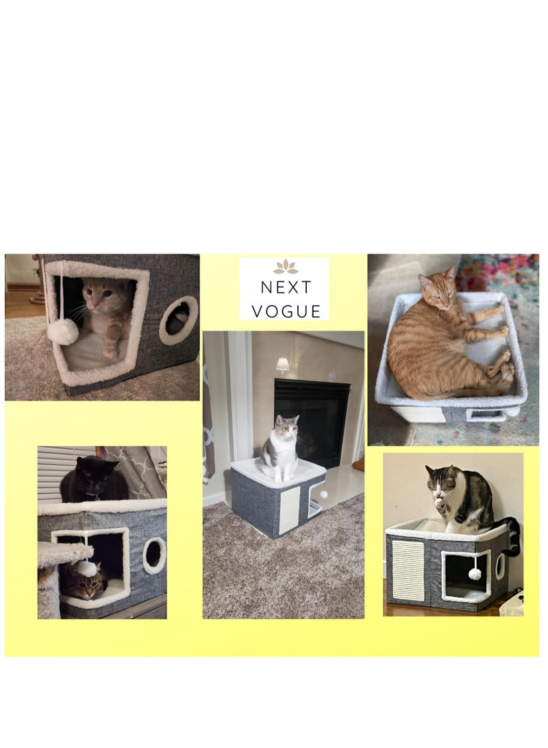 Next Vogue NEXT VOGUE Cat Bed for Indoor Cats, Large Cat Cave with Cozy Condo, Fluffy Hanging Ball, Round Window, Foldable Indoor Cat House with Scratch Pad, Cat Hideaway with Double-Sided Soft Cushions  - Image 2