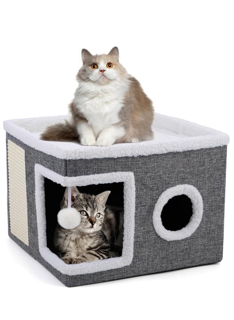 NEXT VOGUE Cat Bed for Indoor Cats, Large Cat Cave with Cozy Condo, Fluffy Hanging Ball, Round Window, Foldable Indoor Cat House with Scratch Pad, Cat Hideaway with Double-Sided Soft Cushions
