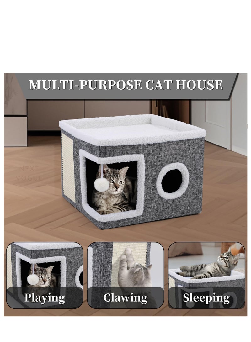 Next Vogue NEXT VOGUE Cat Bed for Indoor Cats, Large Cat Cave with Cozy Condo, Fluffy Hanging Ball, Round Window, Foldable Indoor Cat House with Scratch Pad, Cat Hideaway with Double-Sided Soft Cushions  - Image 3