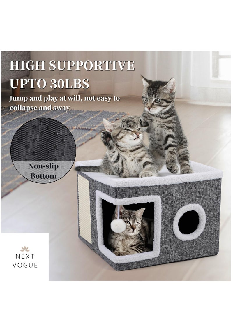 Next Vogue NEXT VOGUE Cat Bed for Indoor Cats, Large Cat Cave with Cozy Condo, Fluffy Hanging Ball, Round Window, Foldable Indoor Cat House with Scratch Pad, Cat Hideaway with Double-Sided Soft Cushions  - Image 4