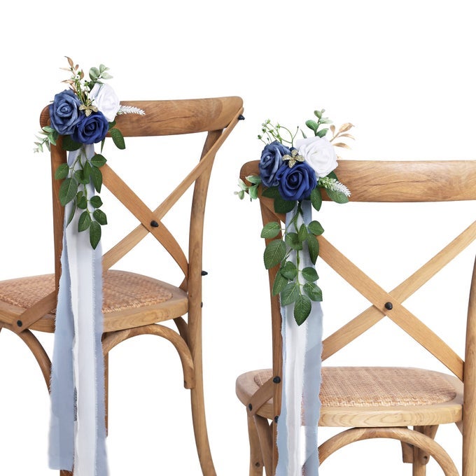 Wedding Aisle Decorations for Wedding Ceremony Set of 10 Pew Flowers for Church Chair Decorations Party Decor with Artificial Flowers Eucalyptus and Ribbons Blue