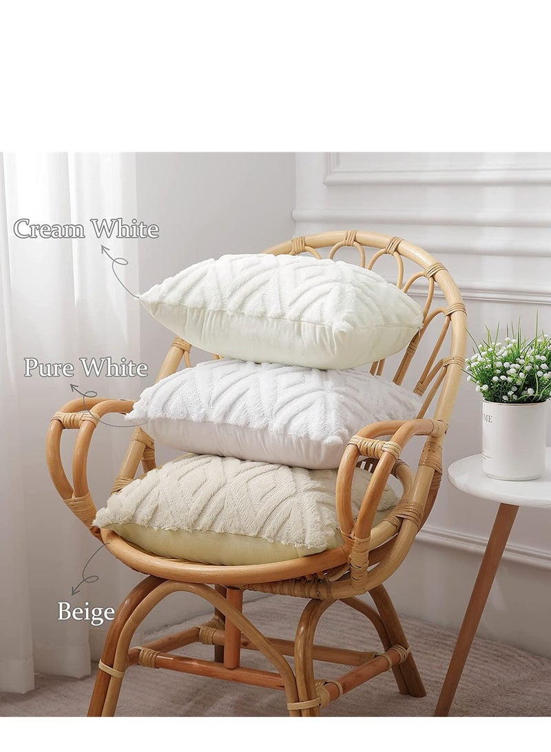 Plush Faux Fur Decorative Pillow Covers Set of 2 17x17 Inch Soft Velvet Couch and Sofa Covers with Elegant 3D Design in Cream White - Image 5