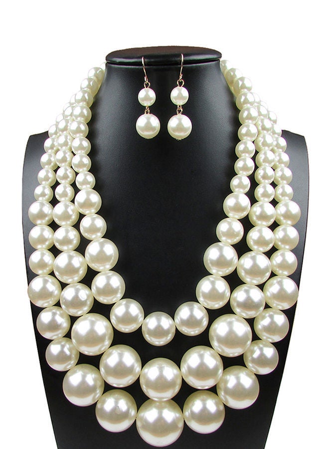 NIBEMINENT Multilayer Pearl Short Necklace And Earrings Jewellery Set Beige - Image 1