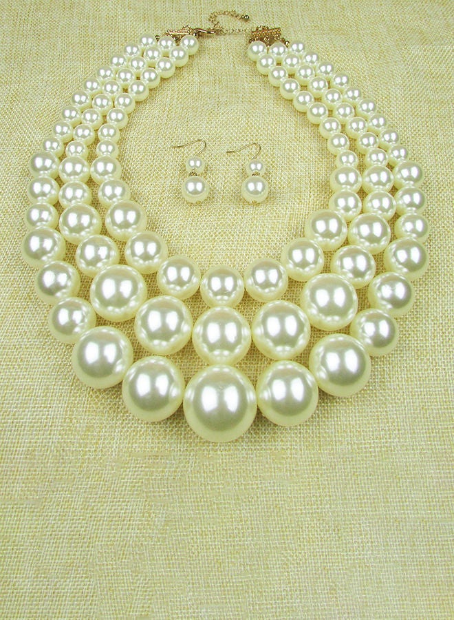 NIBEMINENT Multilayer Pearl Short Necklace And Earrings Jewellery Set Beige - Image 3