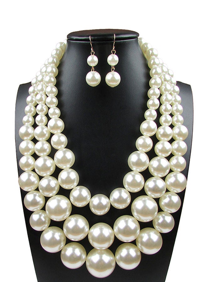 NIBEMINENT Multilayer Pearl Short Necklace And Earrings Jewellery Set Beige - Image 2