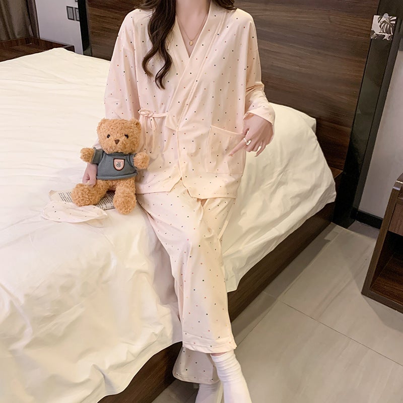 Autumn New Long Sleeve Pajamas Women'S Simple Color Polka Dot Cute Japanese Kimono Cardigan Home Clothes - Image 5