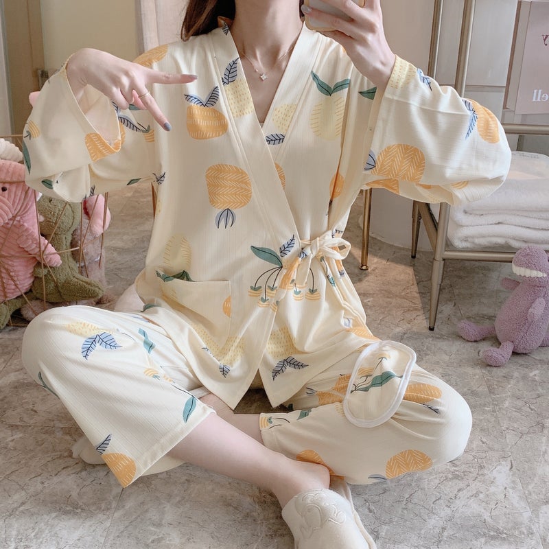 Autumn New Long Sleeve Pajamas Women'S Simple Color Polka Dot Cute Japanese Kimono Cardigan Home Clothes - Image 1