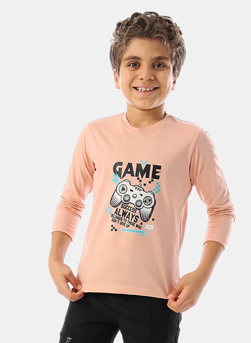 Andora Long Sleeves Crew Neck Printed Boys T-Shirt - Pale Orange - Image 1