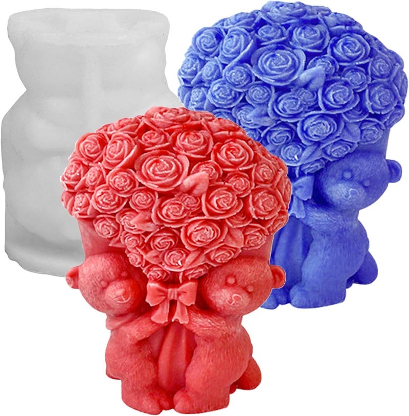 LEGACYCART 3D Two Little Bears Holding a Bouquet of Roses Shape Candle Silicone Molds for Scented Candle Making DIY Aromatherapy Candles Wax Plaster Polymer Clay Decoration Pack of 1