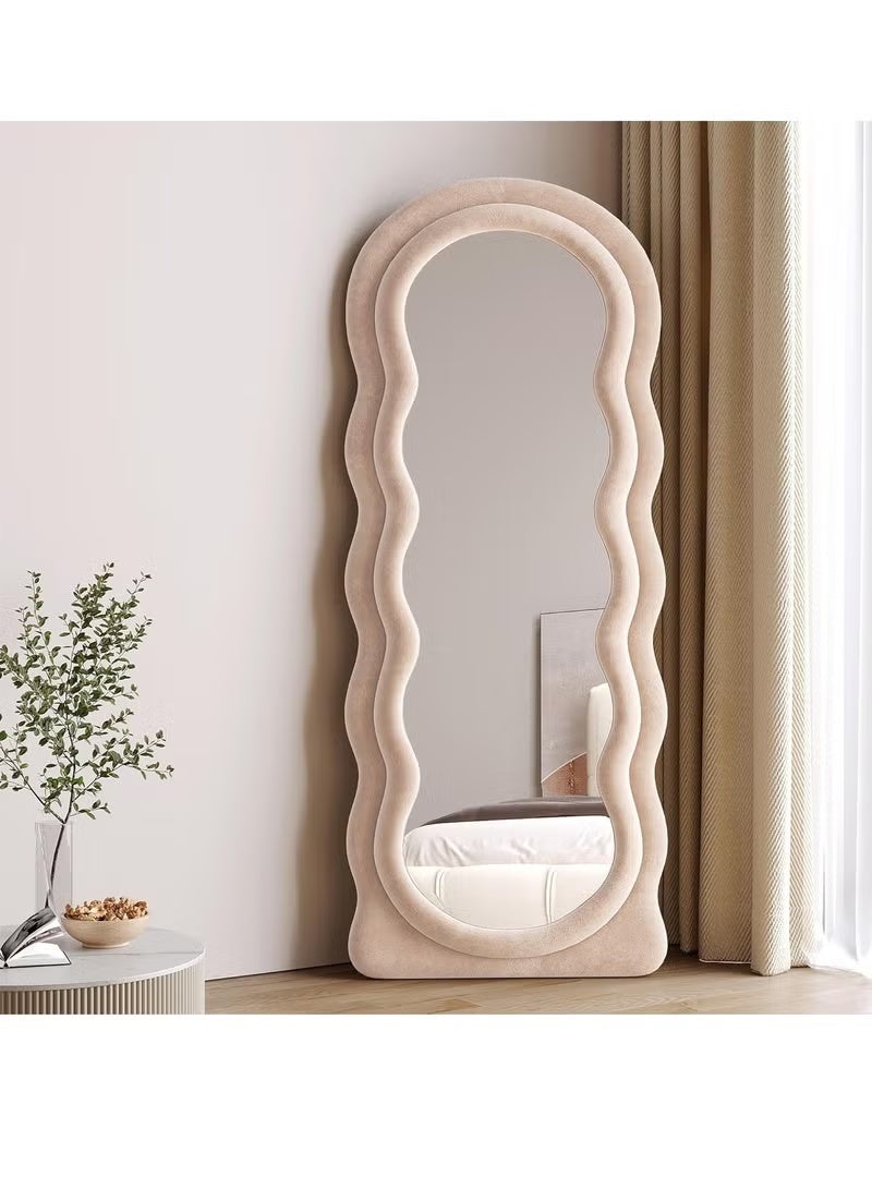 Vphom Full-Length Floor Mirror with Stand, 160x60 cm Irregular Wavy Mirror, Flannel-Wrapped Wooden Frame, Wall-Mounted Standing Full-Body Mirror for Bedroom, Living Room, Dressing Room - Image 1