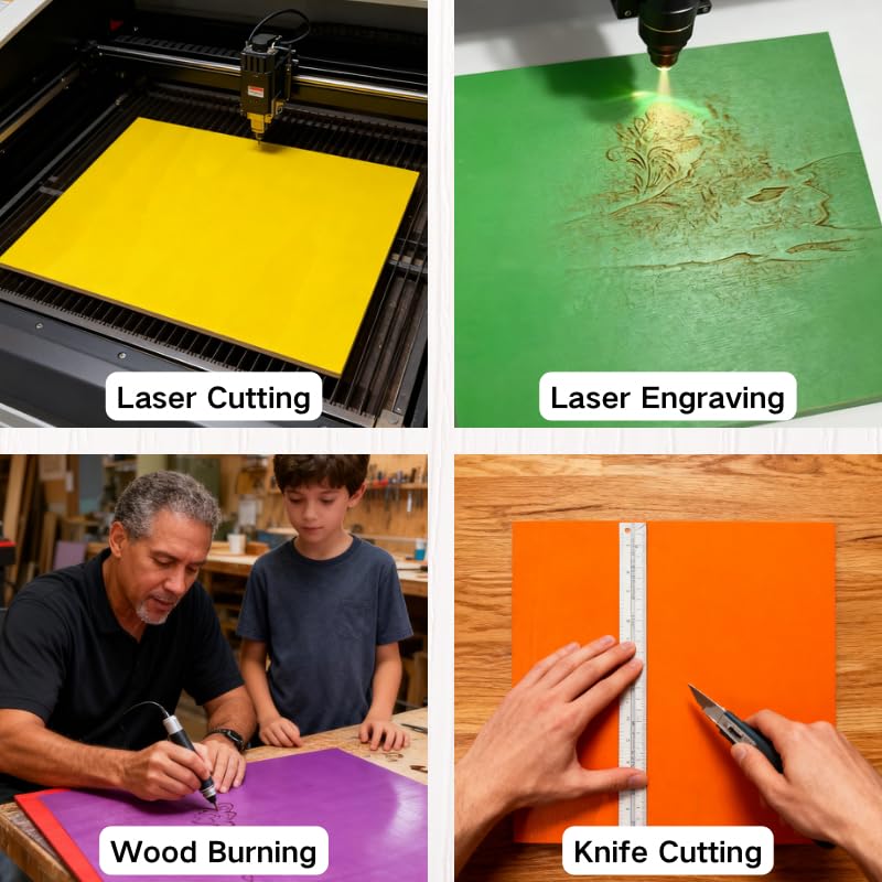 Mroy mio 15 Pack Colored Double-Sided Plywood Sheets, Solid Color Craft Wood for Laser Cutting, Engraving, Model Making, DIY Art, Scroll Saw Projects,12x12x1/10 Inch, 2.5mm - Image 3