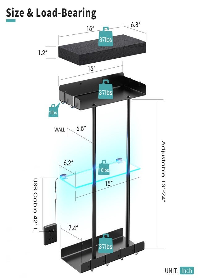 Vervida® Bathroom Towel Storage Rack, LED Towel Racks for Bathroom Wall Mounted 22.7 inch with 15 inch Floating Shelf Can Holds 6 Large Towels, Wall Towel Rack for Rolled Towels, Black - Image 4