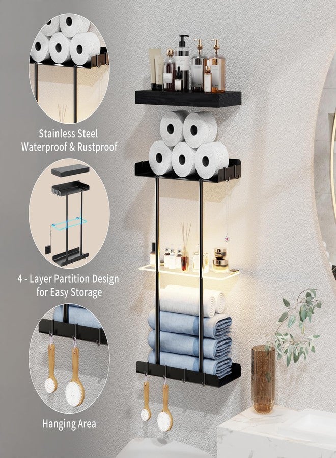 Vervida® Bathroom Towel Storage Rack, LED Towel Racks for Bathroom Wall Mounted 22.7 inch with 15 inch Floating Shelf Can Holds 6 Large Towels, Wall Towel Rack for Rolled Towels, Black - Image 2
