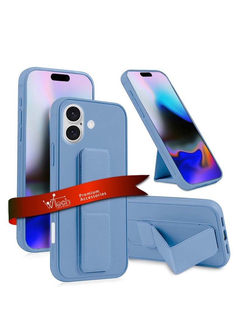 Wtech - Apple iPhone 16 2024 Hand Grip Foldable Magnetic Kickstand Wrist Strap Finger Grip with Built-in Iron Case Cover - Sky Blue - Image 1